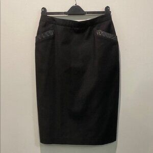 Vintage Black Wool Pencil Skirt with leather trim Size XL by Garey Petites